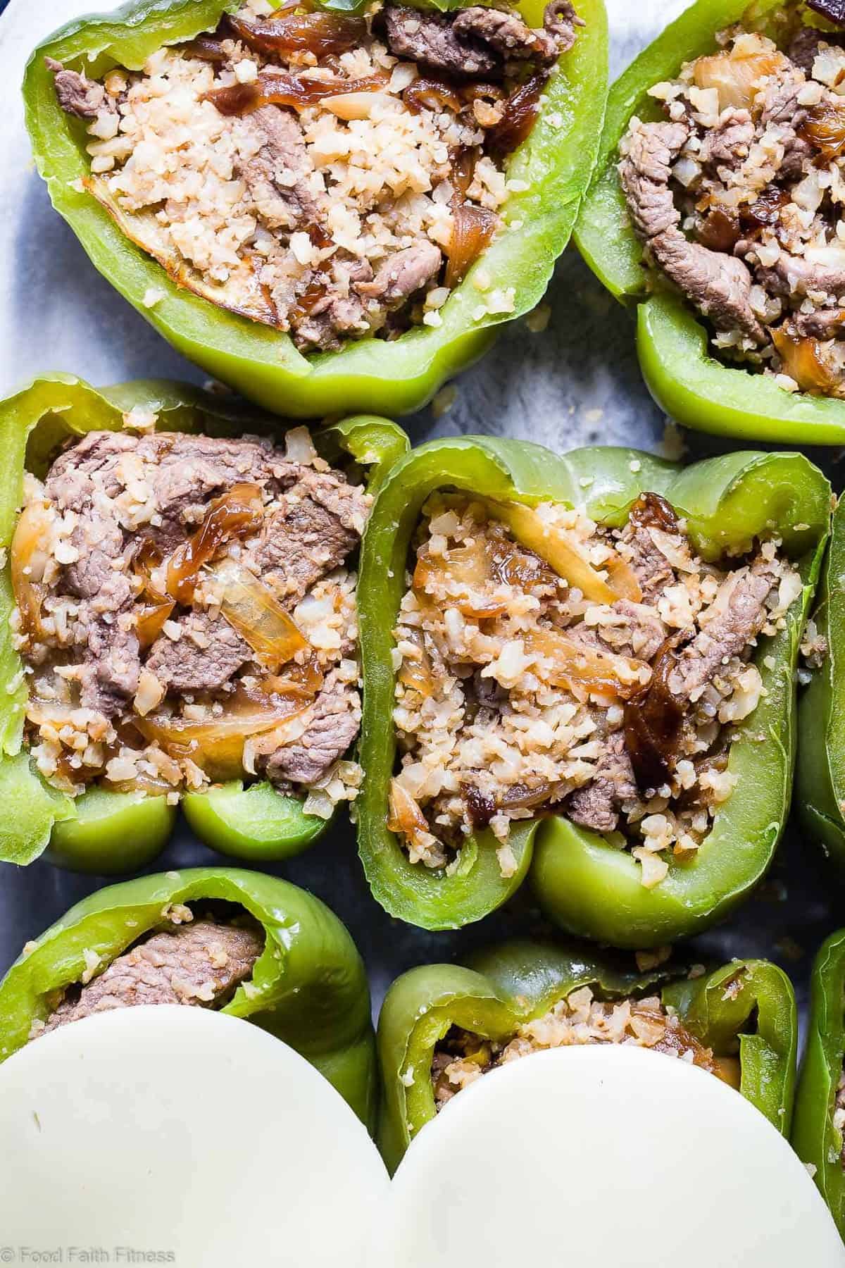 Cheesesteak Stuffed Peppers being stuffed with filling