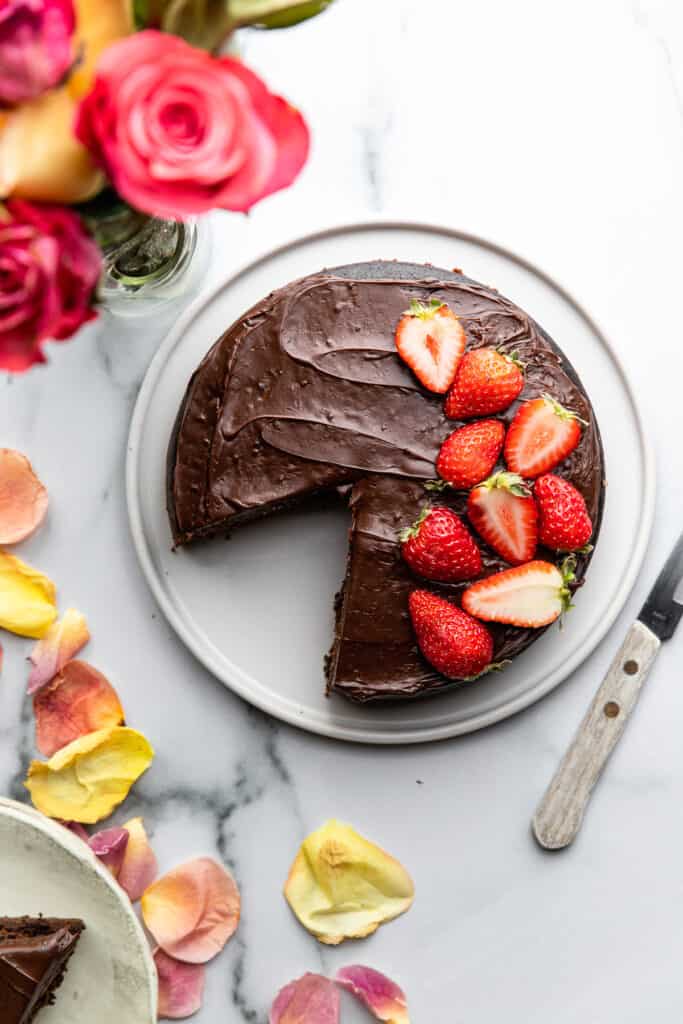Instant Pot Chocolate Cake with strawberries and flowers