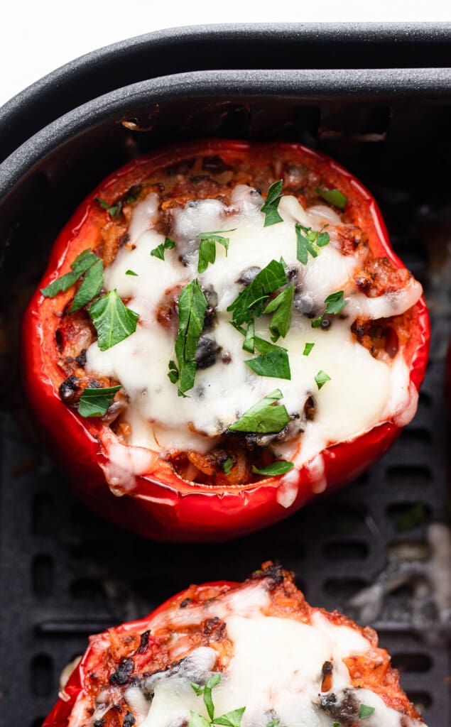 one Air Fryer Stuffed Peppers in the air fryer tray