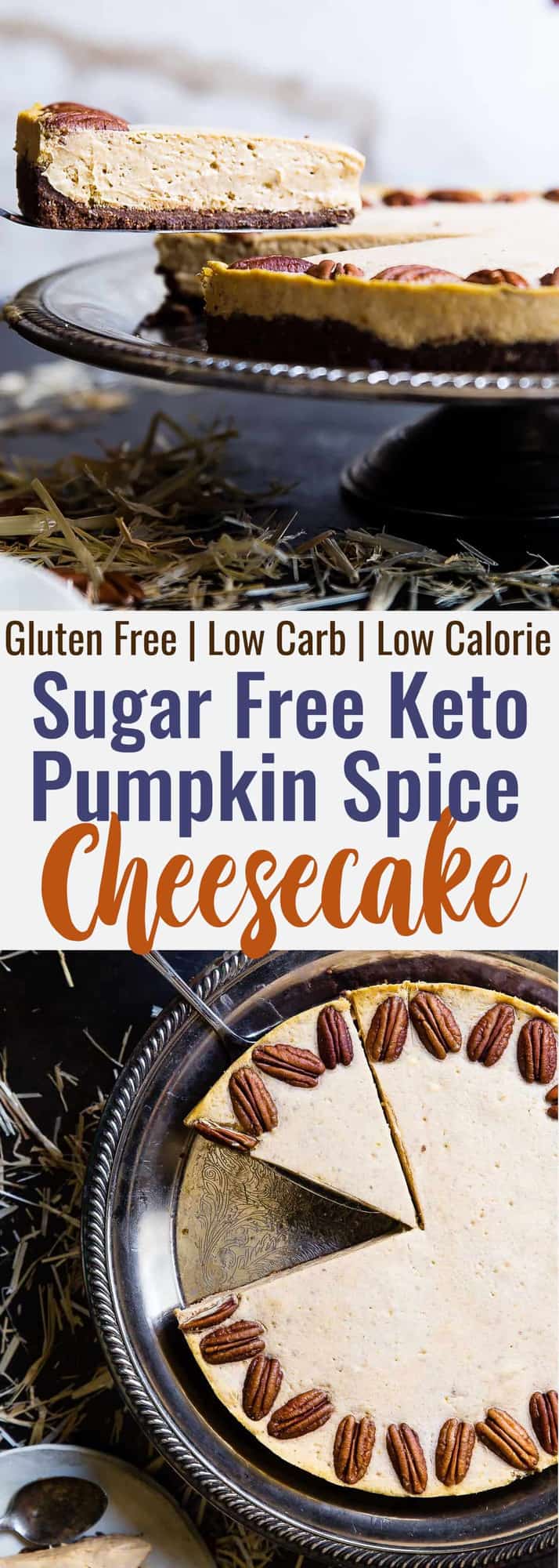 Low Carb Keto Pumpkin Cheesecake - This healthy low carb pumpkin cheesecake is SO creamy and spicy-sweet you will never believe it's gluten, grain and sugar free and only 240 calories! The BEST fall dessert ever! | #Foodfaithfitness | #Glutenfree #Keto #Lowcarb #Pumpkin #Sugarfree